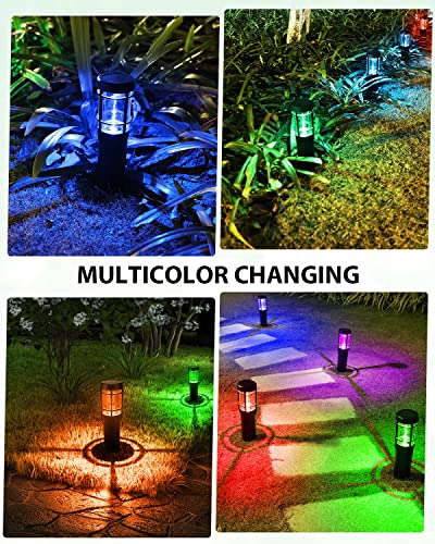 BLOOMWIN Lamparas Solares Exterior Camino, 4 Pack Baliza Solar Exterior Jardín Blanco Cálido y RGB Cambio de Color, Luces Solares LED Exteriores Césped Impermeable IP65 Iluminación Entrada Pasarela