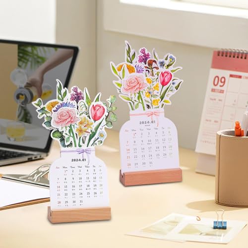 Bloomy Flowers Desk Calendar, Calendario Mesa Flores Creativo,Calendario 2024 Sobremesa Flores con Soporte De Madera, Adornos Temáticos De Flores, Calendarios De Mesa para Sala De Estudio, Escuela