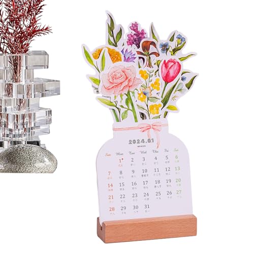 Bloomy Flowers Desk Calendar, Calendario Mesa Flores Creativo,Calendario 2024 Sobremesa Flores con Soporte De Madera, Adornos Temáticos De Flores, Calendarios De Mesa para Sala De Estudio, Escuela