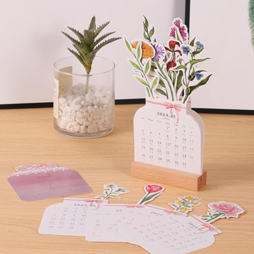 Bloomy Flowers Desk Calendar, Calendario Mesa Flores Creativo,Calendario 2024 Sobremesa Flores con Soporte De Madera, Adornos Temáticos De Flores, Calendarios De Mesa para Sala De Estudio, Escuela