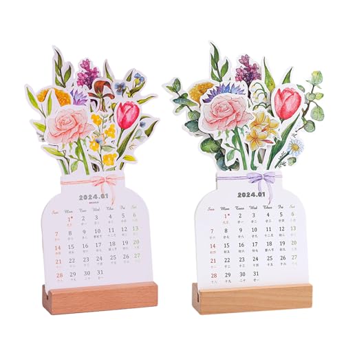 Bloomy Flowers Desk Calendar, Calendario Mesa Flores Creativo,Calendario 2024 Sobremesa Flores con Soporte De Madera, Adornos Temáticos De Flores, Calendarios De Mesa para Sala De Estudio, Escuela