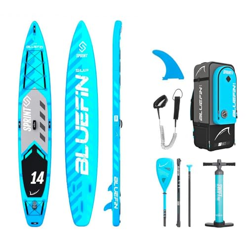 Bluefin SUP Sprint para Travesía | Tabla de Paddle Surf Hinchable de 14’ | Remo Liviano de Fibra de Vidrio | Longitud para Expedición | Espacio de Carga | Accesorios Completos | 5 Años de Garantía