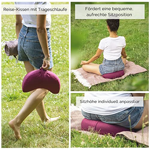 Bodhi Yogi Moon Eco - Cojín de meditación (100% algodón orgánico, forma de media luna con relleno de trigo sarraceno, cojín de media luna para yoga y meditación, color natural