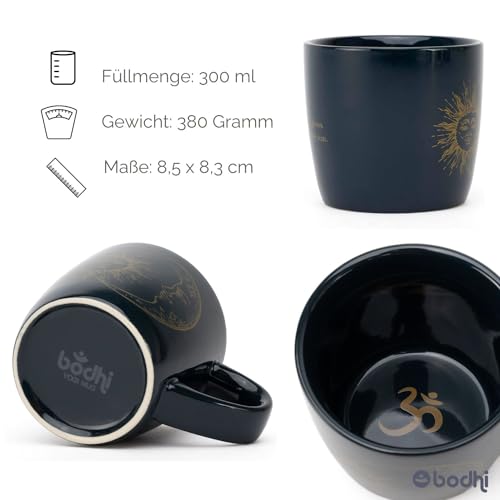 bodhi YogiMug - Taza de yoga de cerámica "Sun & Moon", taza de cerámica (azul medianoche) con estampado de sol y luna, no solo para los amantes del yoga, taza de café, taza de té, regalo, 300 ml