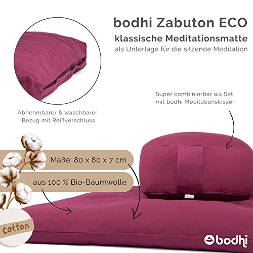 Bodhi Zabuton Eco - Esterilla de meditación clásica con funda extraíble de 100% algodón orgánico, base de meditación con cremallera, 80 x 80 x 7 cm, color berenjena