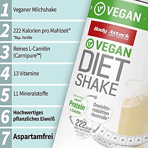 Body Attack Diet Shake vegano, proteína vegetal en polvo de máxima calidad para la pérdida de peso con proteína de guisante y Carnipure, Made in Germany, (Vainilla 430g)