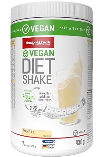 Body Attack Diet Shake vegano, proteína vegetal en polvo de máxima calidad para la pérdida de peso con proteína de guisante y Carnipure, Made in Germany, (Vainilla 430g)