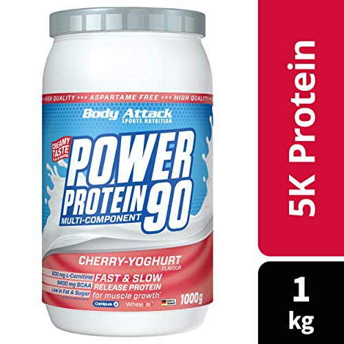 Body Attack Power Protein 90, Crema de cereza y yogur, 1 kg, 5 K de proteína en polvo con proteína de suero, L-carnitina y BCAA para el desarollo de los músculos y el fitness