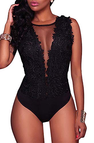 Body de Encaje Elegante para Mujer Traje con Cuello en V sin Mangas Tops sin Espalda Ropa Mono de Bodysuit para Casual Fiesta Playa (Negro,L)