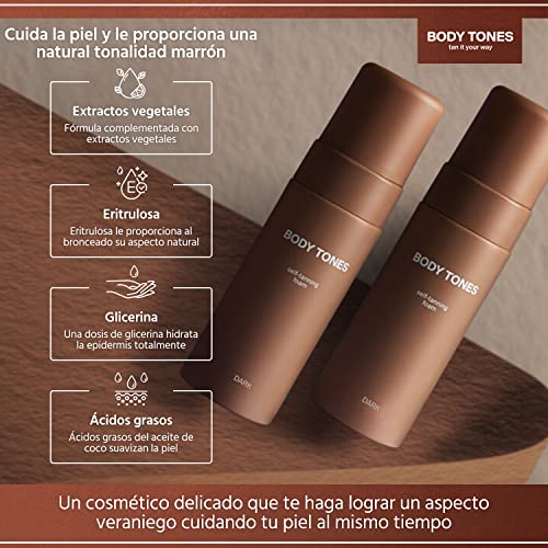 Body Tones Juego de autobronceador y guante, mousse autobronceador que hidrata y contrarrestra los efectos del envejecimiento, el efecto del bronceado natural (155 ml y Guante, Piel oscura)