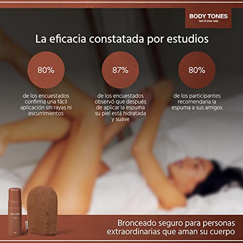 Body Tones Juego de autobronceador y guante, mousse autobronceador que hidrata y contrarrestra los efectos del envejecimiento, el efecto del bronceado natural (155 ml y Guante, Piel oscura)