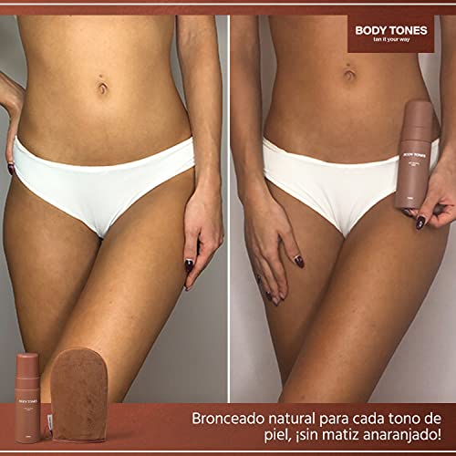 Body Tones Juego de autobronceador y guante, mousse autobronceador que hidrata y contrarrestra los efectos del envejecimiento, el efecto del bronceado natural (155 ml y Guante, Piel oscura)