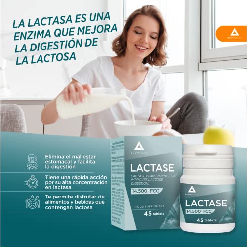 Bodyathlon– Pastillas de lactasa Alta Dosis 14.500 FCC– Para Intolerancia a la lactosa- Mejora la digestión de la lactosa +leche +queso- Enzima Lactasa 145mg- Vegano- 45 compr.