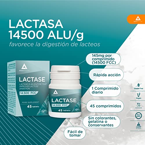 Bodyathlon– Pastillas de lactasa Alta Dosis 14.500 FCC– Para Intolerancia a la lactosa- Mejora la digestión de la lactosa +leche +queso- Enzima Lactasa 145mg- Vegano- 45 compr.