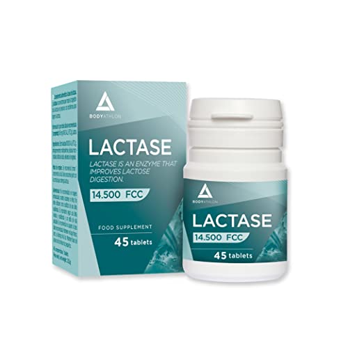 Bodyathlon– Pastillas de lactasa Alta Dosis 14.500 FCC– Para Intolerancia a la lactosa- Mejora la digestión de la lactosa +leche +queso- Enzima Lactasa 145mg- Vegano- 45 compr.