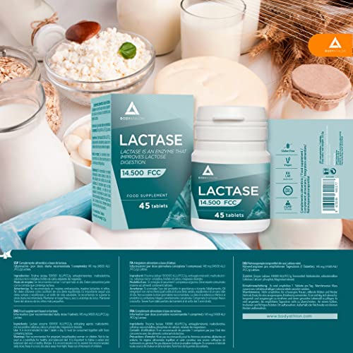 Bodyathlon– Pastillas de lactasa Alta Dosis 14.500 FCC– Para Intolerancia a la lactosa- Mejora la digestión de la lactosa +leche +queso- Enzima Lactasa 145mg- Vegano- 45 compr.