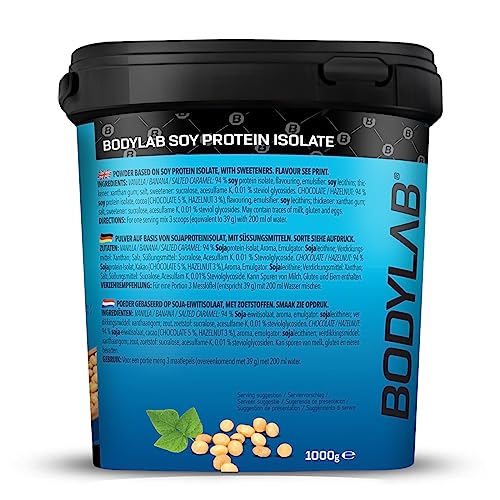 Bodylab24 Aislado de Proteína de Soja Vainilla 1kg, aislado de proteína de soja vegetal pura para tu desarrollo muscular, hasta un 90% de proteínas, amplio perfil de aminoácidos