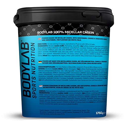 Bodylab24 Casein Micellar Plátano 1750g, caseína 100% pura, rica en aminoácidos BCAA, larga sensación de saciedad, apoya la construcción muscular, ideal durante una dieta proteica