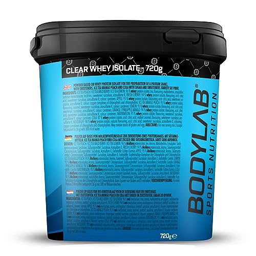 Bodylab24 Clear Whey Isolate 720g Té helado Frutas del Bosque, batido de proteínas a base de 96% de aislado de proteína de suero, refrescante bebida afrutada, puede apoyar el desarrollo muscular