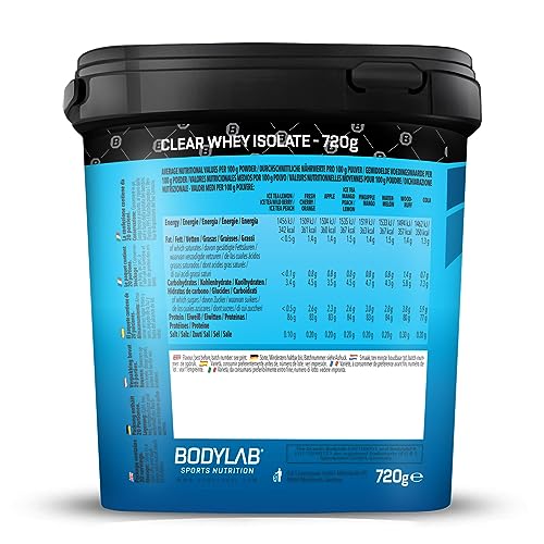 Bodylab24 Clear Whey Isolate 720g Té helado Frutas del Bosque, batido de proteínas a base de 96% de aislado de proteína de suero, refrescante bebida afrutada, puede apoyar el desarrollo muscular