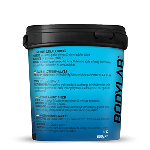 Bodylab24 L-Citrulline Malate 500g, 5g L-Citrulline Malate por dosis diaria, fórmula de malato de citrulina en una proporción de 2:1, perfecta para entrenamientos de alta intensidad, polvo sin sabor