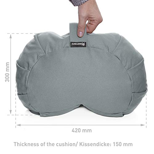 BODYMATE Cojín de Yoga Media Luna 42 cm Largo 30 cm Ancho 15 cm Alto | Relleno de cáscaras de Trigo sarraceno | Funda extragruesa y Lavable en Lavadora de algodón 100% | Cojín de meditación