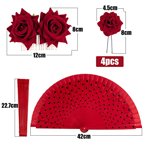 BOFUNX Abanico Español+Peineta Flamenca+4pcs Clips de Pelo de Flor Horquillas con Rosas Tocado Pinza para Cabello Accesorios para Bailarina de Flamenco Novia Mujer Niña para Fiestas Sevillana Boda