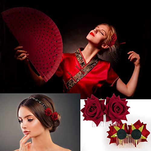 BOFUNX Abanico Español+Peineta Flamenca+4pcs Clips de Pelo de Flor Horquillas con Rosas Tocado Pinza para Cabello Accesorios para Bailarina de Flamenco Novia Mujer Niña para Fiestas Sevillana Boda