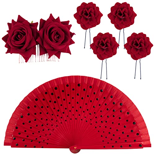 BOFUNX Abanico Español+Peineta Flamenca+4pcs Clips de Pelo de Flor Horquillas con Rosas Tocado Pinza para Cabello Accesorios para Bailarina de Flamenco Novia Mujer Niña para Fiestas Sevillana Boda