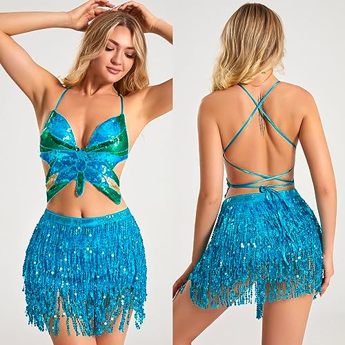 BOFUNX Conjunto Falda Borlas y Top para Danza del Vientre Minifalda Cinturón con Lentejuelas Flecos Traje Rave para Mujeres Niñas para Tango Zumba Samba Baile Fiestas Festivales Carnaval Halloween