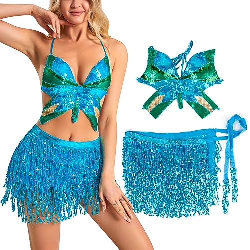 BOFUNX Conjunto Falda Borlas y Top para Danza del Vientre Minifalda Cinturón con Lentejuelas Flecos Traje Rave para Mujeres Niñas para Tango Zumba Samba Baile Fiestas Festivales Carnaval Halloween