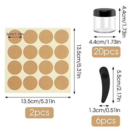 Boisbresil 20 Piezas Botes Pequeños de Plastico, 40 ml Botes Plastico con Tapa Envases para Cosmética Contenedor Cosmético de Viaje con Tapa para Crema + 6 Rascadores 24pcs Pegatinas de Notas