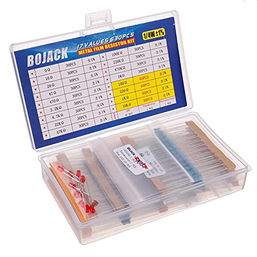 BOJACK Kit Surtido de Resistencias alambrico 0 - 1M Ohm 1/4W, de Película de Metálica ＆ 1 Pcs Termistor ＆ 1 Pcs Fotorresistencia ＆ 10 Pcs LED (17 Valores 630 Piezas)