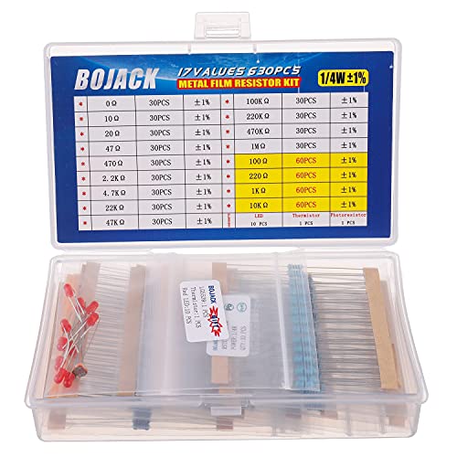 BOJACK Kit Surtido de Resistencias alambrico 0 - 1M Ohm 1/4W, de Película de Metálica ＆ 1 Pcs Termistor ＆ 1 Pcs Fotorresistencia ＆ 10 Pcs LED (17 Valores 630 Piezas)