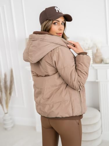 BOLF Mujer Chaqueta acolchado de Entretiempo Reversible Cierre de Cremallera con Capucha Ropa de Abrigo Poliéster Cazadora Ocio Estilo Diario B8181 Beige S [D4D]