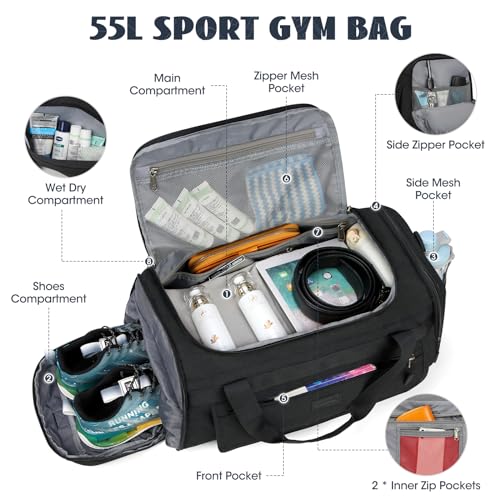 Bolsa de Deporte Bolsa Gimnasio para Hombre Mujer Bolsa de Viaje con Zapatos y Compartimentos Húmedos Fin de Semana Travel Duffle Bag Bolsos Deportivos Fitness 55L