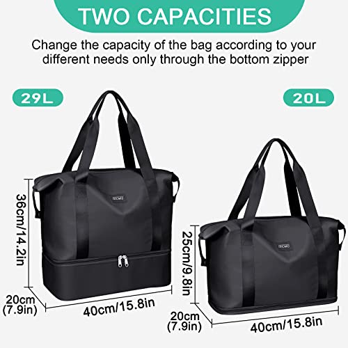 Bolsa de Viaje, CS COSDDI Plegable Bolsas Gimnasio de Viaje, Impermeable Bolsa de Viaje Mujer Fin de Semana, Grande Bolsa de Lona con Bolsillo húmedo y para el Hombro (Negro)