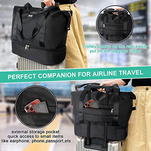 Bolsa de Viaje, CS COSDDI Plegable Bolsas Gimnasio de Viaje, Impermeable Bolsa de Viaje Mujer Fin de Semana, Grande Bolsa de Lona con Bolsillo húmedo y para el Hombro (Negro)