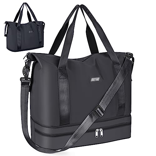 Bolsa de Viaje, CS COSDDI Plegable Bolsas Gimnasio de Viaje, Impermeable Bolsa de Viaje Mujer Fin de Semana, Grande Bolsa de Lona con Bolsillo húmedo y para el Hombro (Negro)