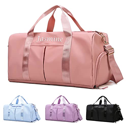 Bolsa de viaje personalizada con nombre bordado, bolsa de gimnasio deportiva personalizada con bolsillos húmedos y secos y zapatos para fin de semana durante la noche, regalo de dama de honor, Rosado