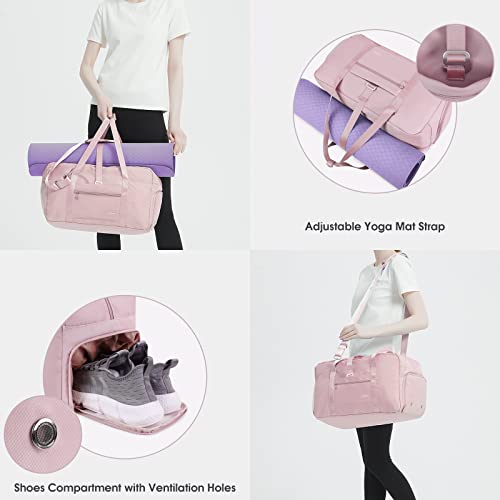 Bolsa Deporte Bolso de Gimnasio Yoga Mujer Hombre Viaje Fin de Semana Bag con Compartimento para Zapatos y Bolsillo Húmedo Neceser Pequeño y Bandolera Regulable Correa de Esterilla de Yoga, Rosa