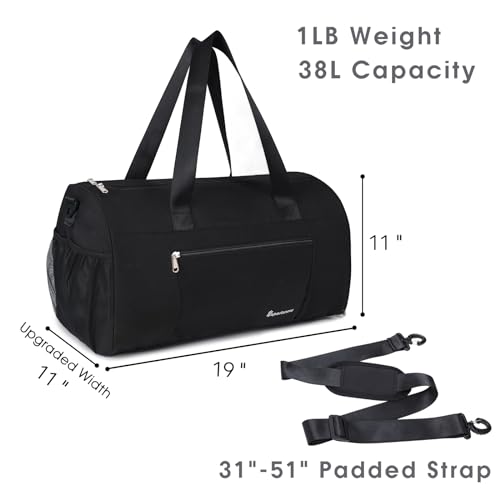 Bolsa Deporte Mujer Hombre Bolso de Viaje Fin de Semana con Compartimento para Zapatos y Bolsillo Húmedo 38L Bolsa de Gimnasio con Bandolera (Bolsillo Mejorado), Negro