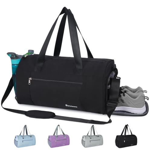 Bolsa Deporte Mujer Hombre Bolso de Viaje Fin de Semana con Compartimento para Zapatos y Bolsillo Húmedo 38L Bolsa de Gimnasio con Bandolera (Bolsillo Mejorado), Negro