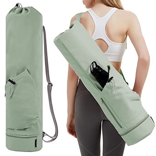 Bolsa Esterilla Yoga Bolsa Para Yoga Colchoneta Compartimento Húmedo Inferior Independiente Bolsillo Lateral con Cremallera y Bolsillo con Cordón Para Botella de Agua, Verde Patente Pendiente