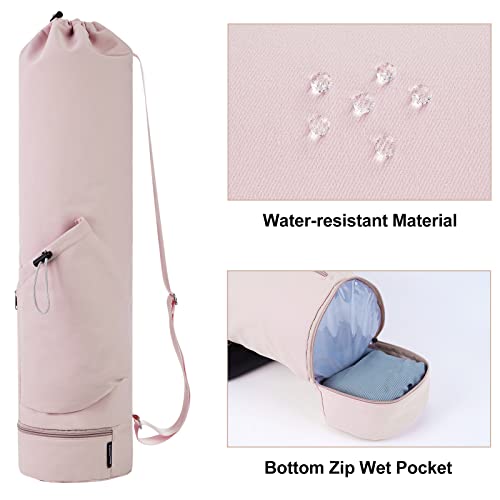 Bolsa Esterilla Yoga Bolsa Para Yoga Colchoneta Compartimento Húmedo Inferior Independiente Bolsillo Lateral con Cremallera y Bolsillo con Cordón Para Botella de Agua, Rosa Patente Pendiente