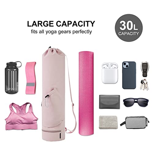 Bolsa Esterilla Yoga Bolsa Para Yoga Colchoneta Compartimento Húmedo Inferior Independiente Bolsillo Lateral con Cremallera y Bolsillo con Cordón Para Botella de Agua, Rosa Patente Pendiente