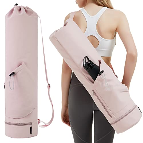 Bolsa Esterilla Yoga Bolsa Para Yoga Colchoneta Compartimento Húmedo Inferior Independiente Bolsillo Lateral con Cremallera y Bolsillo con Cordón Para Botella de Agua, Rosa Patente Pendiente