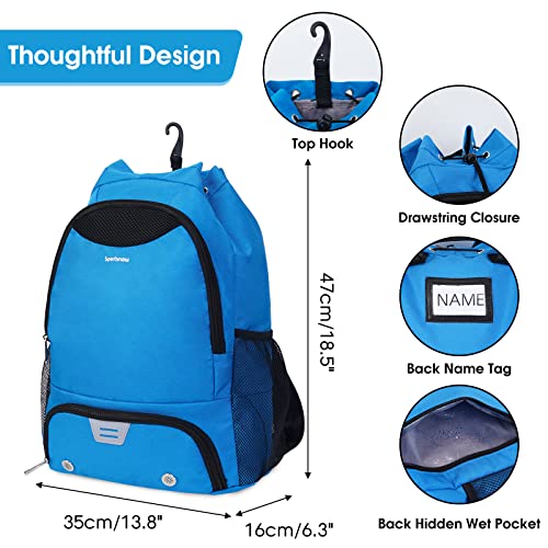 Bolsa Mochila Cuerdas Deporte Gimnasio Mochila Futbol con Zapatillero Mochila Deportiva con Bolsillo Húmedo con Cordón para Hombre Mujer, Azul