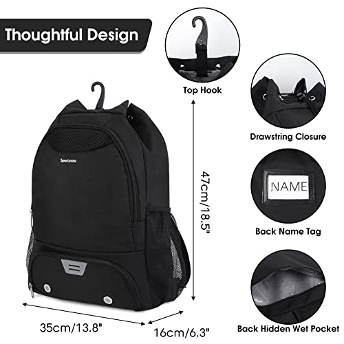 Bolsa Mochila Cuerdas Deporte Gimnasio Mochila Futbol con Zapatillero Mochila Deportiva con Bolsillo Húmedo con Cordón para Hombre Mujer, Negro