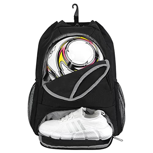 Bolsa Mochila Cuerdas Deporte Gimnasio Mochila Futbol con Zapatillero Mochila Deportiva con Bolsillo Húmedo con Cordón para Hombre Mujer, Negro